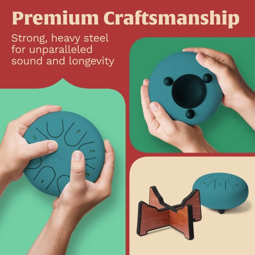 ZERBEAT Steel Tongue Drum 6 Pulgadas, 8 Notas Tambor de Acero + Soporte unico, Baquetas, Puas de Dedo, Bolsa, Amigable para Principiantes y Adultos | Instrumentos Musicales Espirituales. (Azul Lago - con soporte) - Imagen 5