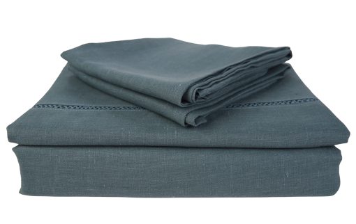 Juego de Sabanas y Fundas de Almohada de Lino WHOLEWOOLS - Sabana Bajera, Sabana y 2 Protectores de Almohada - Sabana de Cama de Lino Natural - 4 Piezas Transpirable, Ultra Suave (Twin, Azul Laguna)