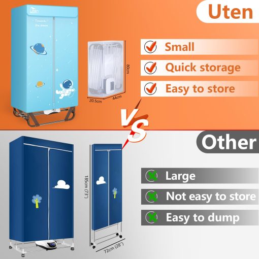 Secadora de Ropa Uten, Maquina de Secado de Ropa Electrica de 1500W con Temporizador, Armario de Secado de Ropa de 2 Niveles, Perchero Plegable y Secadora para Viajes, Apartamentos, RV, Hogar - Imagen 5