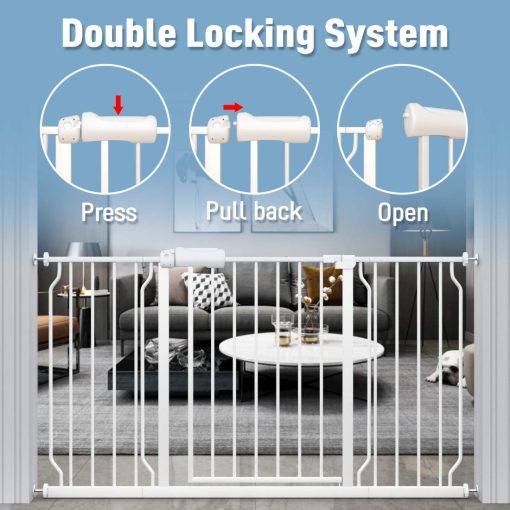 ALLAIBB Puerta de Seguridad Extra Ancha de Metal Blanco para Bebes, Perros y Mascotas con Cierre Automatico Ideal para Escaleras, Puertas, Cocinas y Salas Adecuado para 57.48-62.20 pulgadas - Imagen 3