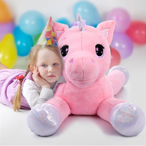 Peluche Grande de Unicornio Lanmore Juguetes Suaves de Unicornio Almohada de Peluche para Ninas Rosa 43" - Imagen 5