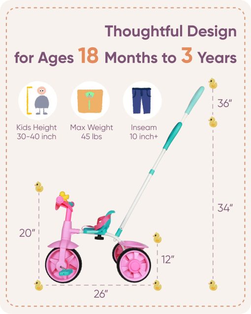Triciclo 2 en 1 para Ninos KRIDDO de 18 Meses a 3 Anos, Ruedas de EVA Mejoradas, Regalo, Triciclos para Ninos de 2 a 3 Anos con Manillar de Empuje y Campana de Pato, Rosa - Imagen 6