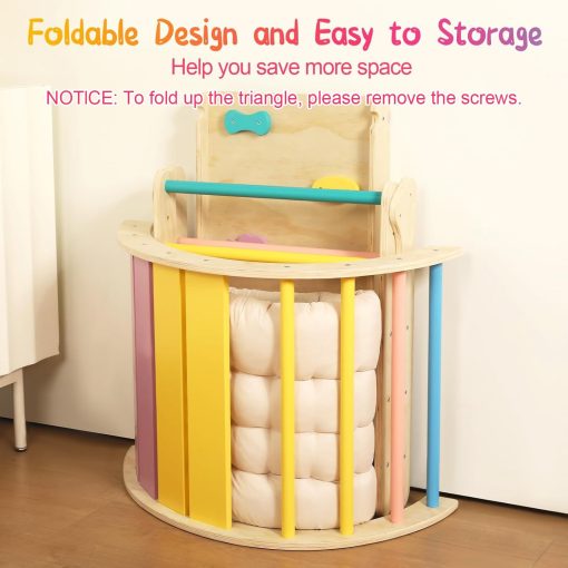 Set de Triangulo Pikler con Cojin, 7 en 1 Juguetes de Escalada para Ninos Pequenos en Interiores, Set de Escalada Montessori Plegable, Juguetes de Escalada de Madera para Ninos Pequenos de 1-3 Anos con Rampa, Arco y Escalera (Arcoiris) - Imagen 5