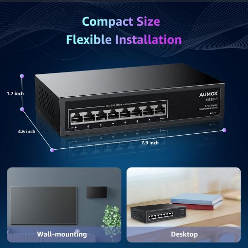 Switch PoE Gigabit de 8 Puertos Aumox, 8 Puertos PoE 120W, Switch de Red Ethernet Gigabit no Administrado, Plug and Play, Carcasa de Metal Resistente, Optimizacion del Trafico - Imagen 7