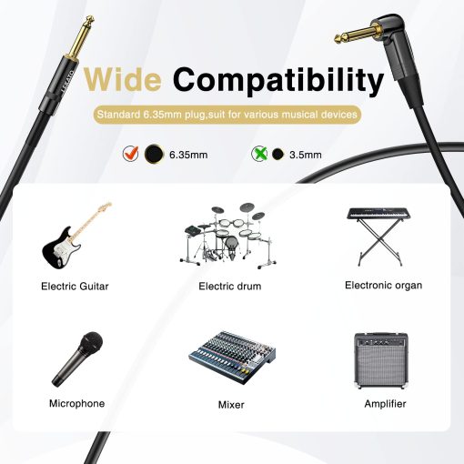 Cable de Guitarra LEKATO con Boton de Silencio, Cable de Audio de Guitarra de 20 pies para Guitarra Electrica, Bajo, Cable de Amplificador Electrico Profesional con Doble Extremo de Conector Silencioso, 1/4" Angulo Recto a Enchufe Recto - Imagen 6