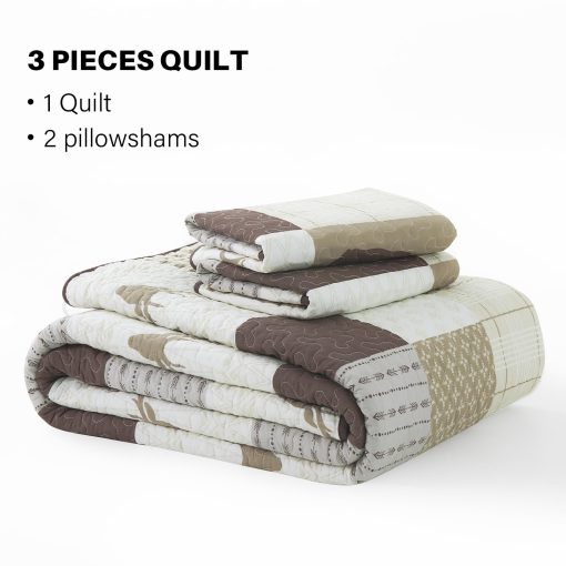 Juego de Edredon de Patchwork 100% Algodon Tamano Queen - Estampado de Animales y Cuadros, Edredon Ligero de Patchwork, Funda Suave para Decoracion del Hogar Juego de Cama 3 piezas para Todas las Estaciones, Beige/Marron - Imagen 6