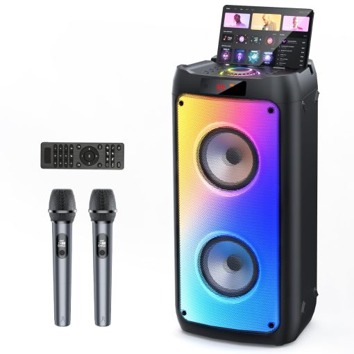 Maquina de Karaoke HWWR con 2 Microfonos Inalambricos, Altavoz Bluetooth Portatil para Adultos y Ninos, Sistema de Fiesta Grande con Luces de Discoteca para Reuniones, Subwoofers de Escenario, Los Mejores Regalos para Todos