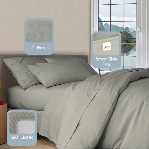 Juego de sabanas de cama Pizuna Pure 100% Algodon de Lujo Split King Plateado, 1000 Hilos de Algodon de Fibra Larga, Sabana Gruesa de Saten para Cama Ajustable King Split, 15" Profundo (Set de Sabanas de Cama de Algodon Peinado) - Imagen 3