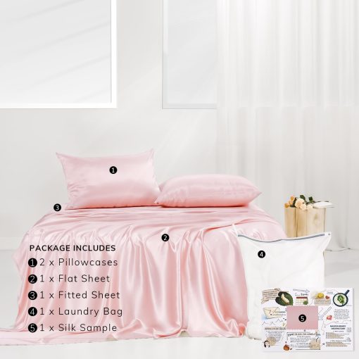 Juego de sabanas de seda Promeed mejorado de 23 mommes para cama individual XL 3 piezas, conjunto de cama de seda de mora de grado 6A+ con sabana bajera y sabana plana refrigerantes y fundas de almohada (Rosa, Individual/Individual XL) - Imagen 6