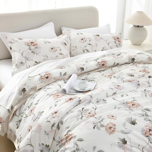 Juego de Edredon Queen DDUOXIN - Juego de Edredon de 3 Piezas de Algodon de Fibra Larga con Estampado Floral, Edredon Suave en Crema Verdoso Grisaceo para Cama Queen con 2 Fundas de Almohada - Imagen 2