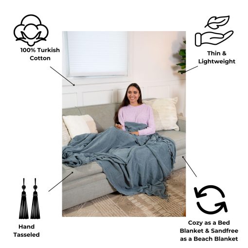 Manta de tiro grande turca lavada a la piedra InfuseZen - 100% algodon turco organico - 92" x 69" - Suave, ligera, acogedora - Sofa, cama, picnic, yoga - Manta de playa sin arena - Denim - Imagen 2