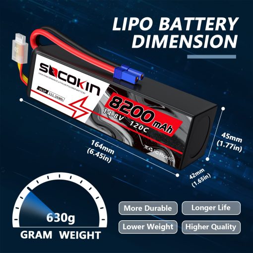 Bateria de Lipo 4S Socokin 14.8V 8200mAh 120C con Conector EC5 Estuche Suave para Coche RC X-Maxx Barco RC Camion de Carreras Helicoptero Aeroplano Paquete de 2 - Imagen 3
