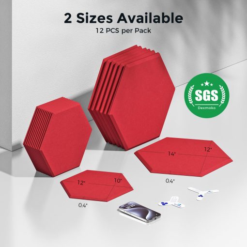 Paneles Acusticos Autoadhesivos Dexmoko [390 lbs/yd? Ultra-Alta Densidad], Panel Absorbente de Sonido de 2nda Generacion, Panel de Sonido de Nivel Profesional, Espuma Insonorizante de Poliester [Tamano L, Rojo] - Imagen 7