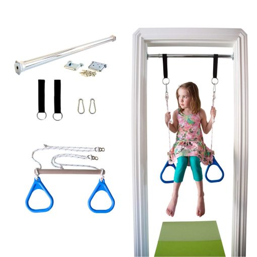 DreamGYM Columpio de Puerta para Ninos Interior - Barra de Trapecio y Combo de Anillos de Gimnasia Azul