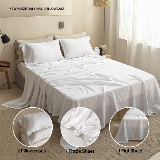 Juego de sabanas de lino Simple&Opulence 100% 4 piezas Estilo basico, Bolsillo profundo, Sabanas de cama de lino lavado frances solido suave y transpirable - Blanco, King - Imagen 5