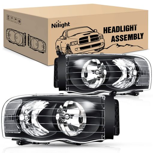 Faros Nilight para 2002 2003 2004 2005 Ram 1500 2500 3500 Camioneta con Carcasa Negra y Reflector Claro, Kit de Repuesto de Conjunto de Faros, Lado del Conductor y del Pasajero, 2 Piezas