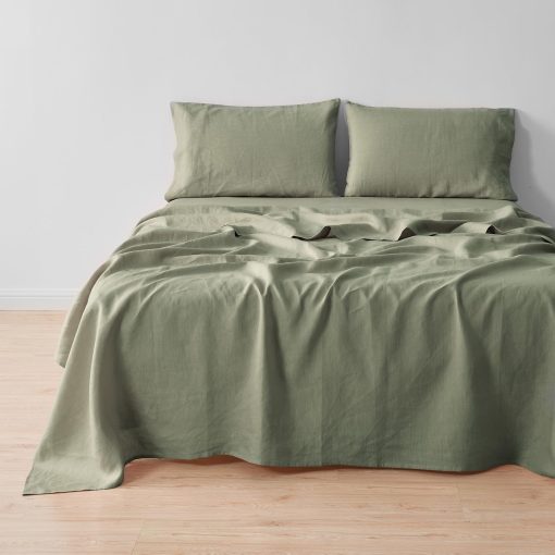 Juego de sabanas de lino europeo 100% puro - Juego de sabanas de cama Queen Size de 4 piezas - Transpirable para personas que duermen calientes y juego de ropa de cama duradero - 1 sabana encimera, 1 sabana ajustable, 2 fundas de almohada (Queen, Musgo)