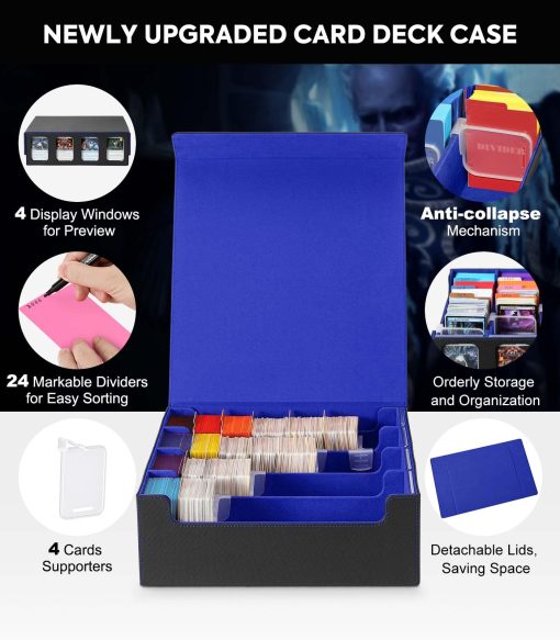 Caja de Almacenamiento de Cartas MoKo para Trading Cards, 3000+ MTG Deck Box con 24 Separadores Coloridos & 4 Soportes de Cartas, Estuche de Baraja Commander con Ventana de Exhibicion, Compatible con Cartas de Juego Magic, YugiOh, Negro Azul - Imagen 2