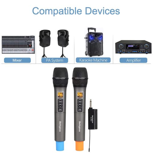 Sistemas de Microfono Inalambrico Dual UHF Berlingtone BR-105UM, de Mano Dinamico, con 60 Canales de Frecuencia Ajustable, con Eco, Agudos, Graves y Receptor Recargable, para Karaoke, DJ, Hasta 200 pies de Alcance - Imagen 5