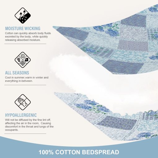 Colcha Extra Grande de Algodon al 100% de Finos Bordados 120"x102", Colchas de Cama Queen Livianas, Colcha Floral Extra Grande, Cubrecamas Reversible Acolchados, 3 Piezas, Azul - Imagen 4