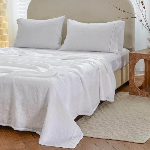 Juego de Sabanas Simple&Opulence 100% Lino con Ribete de Ovillos - 4 Piezas de Sabanas de Cama de Lino Europeo Puro Lavado (1 Sabana Plana, 1 Sabana Ajustable, 2 Fundas de Almohada) - Transpirable y Suave (Blanco Ovillos, King) - Imagen 8