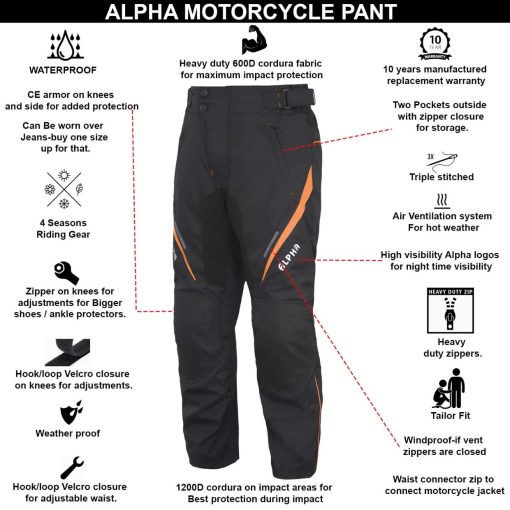 Pantalones de Moto para Todas las Temporadas para Hombre Motocross Offroad Overpants Touring Aventura Dual Enduro Impermeables con Armadura CE (NARANJA, Cintura 42"-44" Entrepierna 34") - Imagen 2