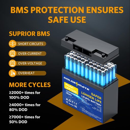 Bateria de ciclo profundo de litio LiFePO4 GOLDENMATE 12V 20 Ah (paquete de 2), 2000-7000 ciclos Bateria recargable de fosfato de hierro de litio con BMS para energia solar, motor de arrastre, buscador de peces, Power Wheels, camping - Imagen 4