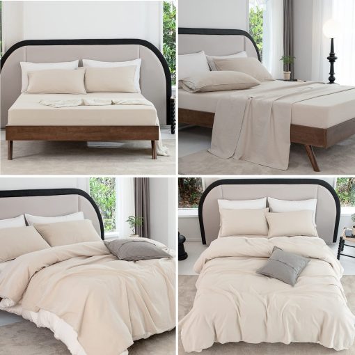 Juego de sabanas de lino y algodon para cama Queen, 4 piezas, set de sabanas de lino y algodon transpirable para tamaño Queen, sabanas de lino y algodon para todas las estaciones - Bolsillos profundos, ajuste facil (Queen, Beige) - Imagen 6