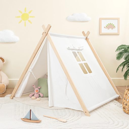 Tienda de Juegos para Niños Comfy Cubs - Espaciosa y Elegante Tienda para Niños Hecha con Lona de Algodon 100% Transpirable, Tienda de Campaña de Interior Imaginativa - Facil de Armar, Segura y Portatil, Tienda Tipi para Niños (Madera Natural)