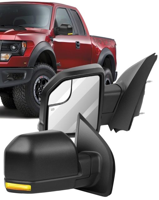 Espejos de remolque ECCPP para camionetas F150 PickUp 2015-2019 con ajuste electrico de potencia en lado izquierdo y derecho, calefaccion, luz de giro con carcasa negra, plegado manual y extension manual