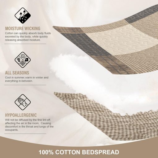 Colcha de cama extragrande FineStichery 120" x 120", 100% algodon Colcha ligera de cama de cobertor de cama de campo, juego de cobertor de cama de 3 piezas, carbon/beige/marron - Imagen 4