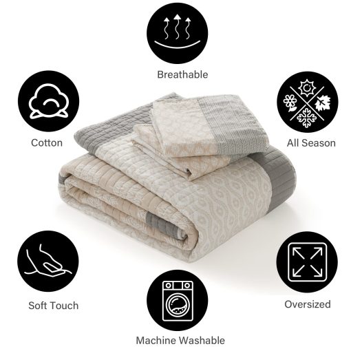 Juego de edredon PANGUSHAN tamano King, Juego de edredon de colcha de 100% algodon, Juego de edredon de retazos florales para cama King, Colcha Moonbeam, Edredon reversible ligero, para todas las estaciones, 3 Piezas - Imagen 5