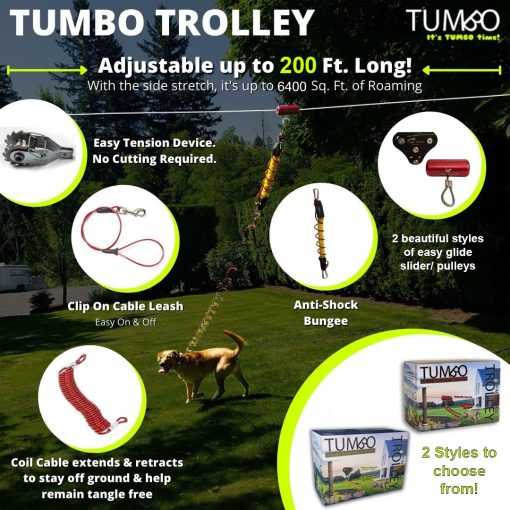 Tumbo Xtreme Trolley 150ft - Aerial de Perro Anti-Shock para Patio - Polea Resistente - Equipo Grande para Perros - Mejor Zipline para Patios Traseros - Sistema de Carrito Camping - 100ft / 150ft / 200ft - Imagen 3