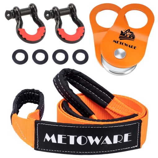 Kit de Recuperacion Todo Terreno METOWARE - Polea de Bloqueo para Cabrestante de 10 Toneladas, Correa de Salvamento de 3" x 8 pies y 2pk de Grilletes en D de 3/4"