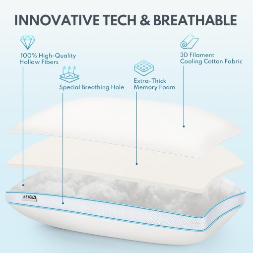 Set de 1 Almohada HEYCUZI Tamaño Queen para Dormir - Relleno Esponjoso de Microfibra Alternativa y Espuma de Memoria, Almohada Suave con Fuelle para Durmientes de Lado, Espalda y Estomago, Almohadas Transpirables de Hotel (Mediano) - Imagen 2