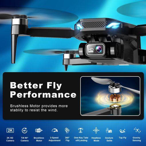 Drone con Camara, Drone 2K FPV con Motor Brushless, Altitude Hold, Gestos Selfie, Despegue/Aterrizaje de un Solo Boton, Acrobacias 3D, Vuelo por Puntos, 2 Baterias, Drones Plegables para Niños y Principiantes - Imagen 3