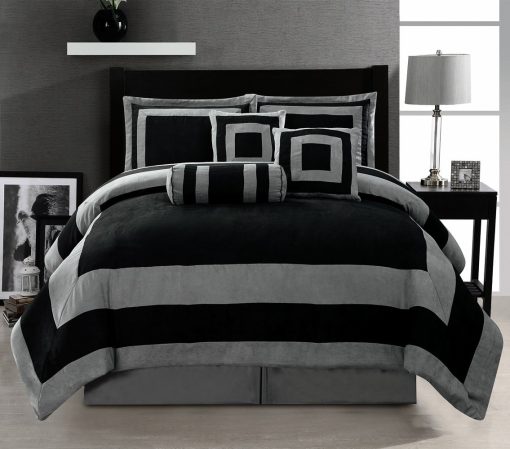 Set de Edredon Oversize Negro/Gris de Microfibra con Diseno Patchwork en Bolsa para Cama Tamano Queen