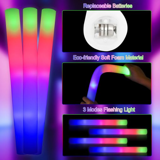 Paquete de 68 varitas luminosas de espuma, varitas luminosas para fiestas a granel con 3 modos de destello coloridos, suministros para fiestas en la oscuridad para recepciones de bodas, pistas de baile, fiestas de vacaciones, conciertos - Imagen 4