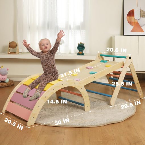 Set de Triangulo Pikler con Cojin, 7 en 1 Juguetes de Escalada para Ninos Pequenos en Interiores, Set de Escalada Montessori Plegable, Juguetes de Escalada de Madera para Ninos Pequenos de 1-3 Anos con Rampa, Arco y Escalera (Arcoiris) - Imagen 3