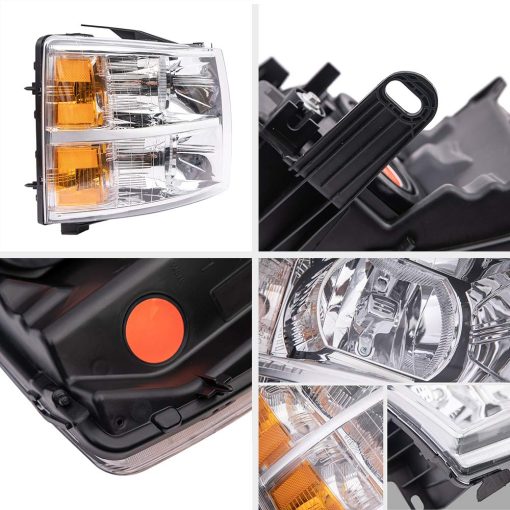 Faro delantero Cheda compatible con Chevy Silverado 1500 2007-2013 / Ajuste 07-14 Chevy Silverado 2500 3500 y Modelos HD (AWT Lente clara Carcasa cromada Indicador ambar, Estilo basico) - Imagen 7