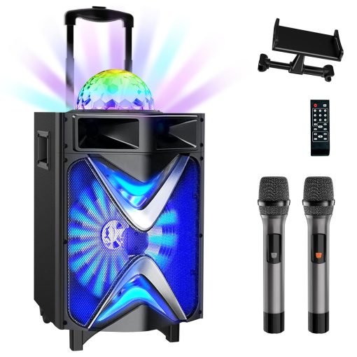 Maquina de Karaoke VeGue para Adultos y Ninos, Altavoz Bluetooth Sistema PA con 2 Microfonos Inalambricos, Subwoofer de 10'', Luz de Bola LED de Discoteca, Maquina de Canto para Karaoke en Casa, Fiesta, Iglesia (VS-1088)