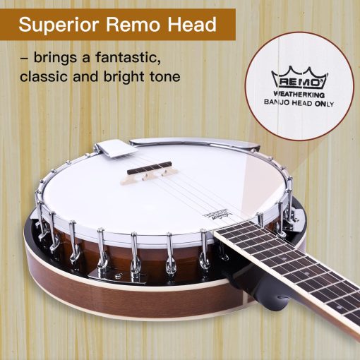 Set de Banjo de 5 Cuerdas ADM Banjo de Tamano Completo con Cabeza de Tambor Remo, Afinador de 5? Engrane, Kit de Banjo para Principiantes con Espalda Cerrada, Paquete de Regalo, Clases Gratis y Accesorios de Inicio para Adulto Adolescente, Tamano Grande - Imagen 4