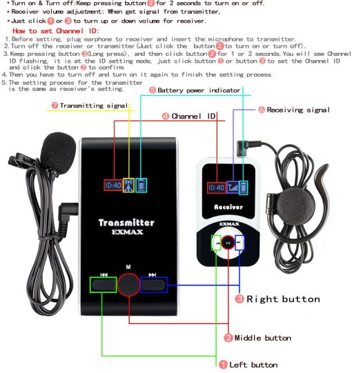 Sistema de Guia Turistica Inalambrico EXMAX ATG-100T 195MHz Headsets de Sistema de Transmision de Voz para Traduccion Simultanea en Iglesias Equipos de Interpretacion de Ensenanza Conferencias Viajes (1 Transmisor 6 Receptores) - Imagen 2