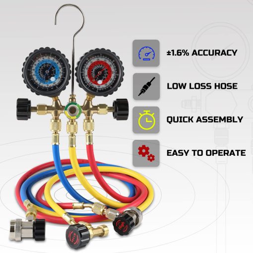 Juego de Manifold de Diagnostico de A/C Lichamp R134a R22 R12 R502 con Manguera de 5FT, Acoplamientos de Puncion y Tapon Autocerrante, Clasico #A301 - Imagen 3