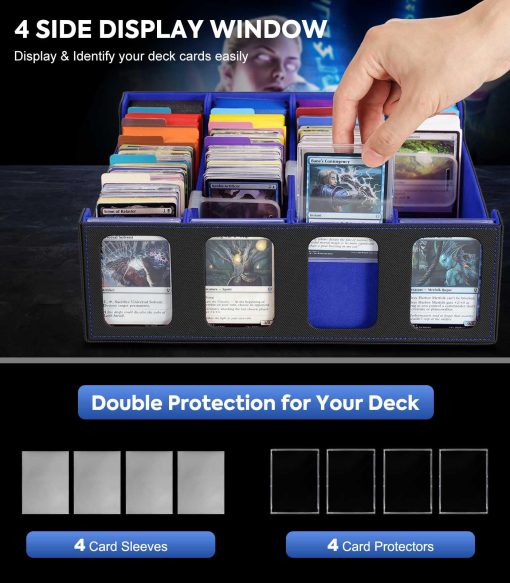 Caja de Almacenamiento de Cartas MoKo para Trading Cards, 3000+ MTG Deck Box con 24 Separadores Coloridos & 4 Soportes de Cartas, Estuche de Baraja Commander con Ventana de Exhibicion, Compatible con Cartas de Juego Magic, YugiOh, Negro Azul - Imagen 4