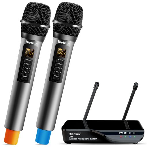 Microfono inalambrico Bietrun con Eco/Agudos/Graves, Rango UHF de 160 pies, Sistema de microfono de mano dinamico inalambrico UHF dual para Karaoke en casa, Reunion, Fiesta, Boda (Receptor con Bluetooth)
