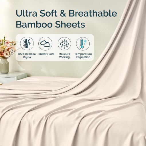 Juego de sabanas GOKOTTA Split King 5 piezas, sabanas extra suaves, refrigerante para los que duermen calientes - Sabanas transpirables de lujo de hotel, bolsillo profundo hasta 16" - 100% Rayon derivado del bambu (Beige Claro) - Imagen 2