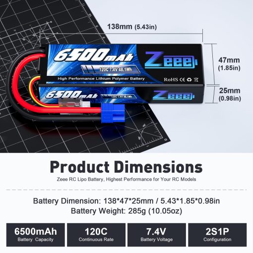 Bateria Lipo Zeee 2S 6500mAh 120C 7.4V con Estuche Rigido y Conector EC3 para Vehiculos RC Coche Camion Truggy Modelos de Carreras a Escala 1/10 (Paquete de 2) - Imagen 2