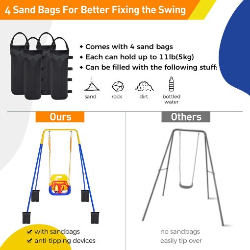 FUNLIO 3-en-1 Juego de Columpios para Bebes con 4 Bolsas de Arena, Columpio para Interior/Exterior con Soporte Metalico Plegable, Juego de Columpios para Niños para Patio Trasero, Instrucciones Claras, Facil de Armar y Almacenar - Imagen 4
