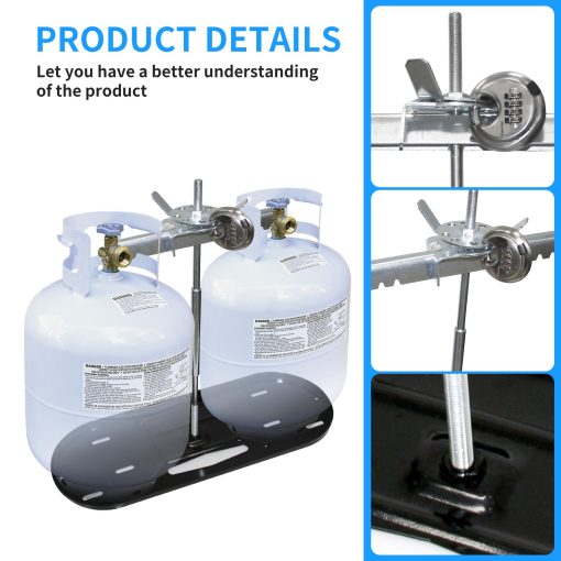 Soporte para montaje de tanques de propano doble RVPNR RV con dispositivo de bloqueo para tanques de 40 lb, 30 lb y 20 lb para campistas y remolques de viaje con diferentes tubos de conexion (Negro con cerradura) - Imagen 2